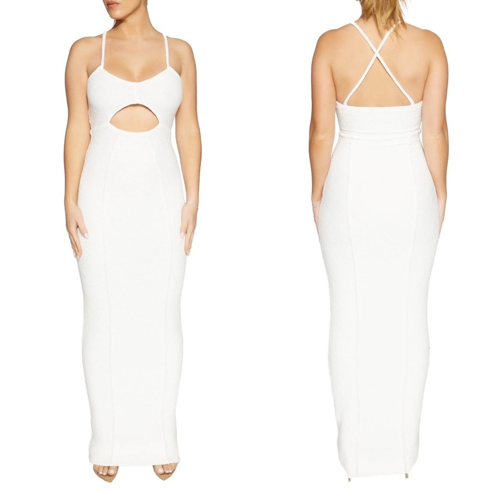 Naked Wardrobe Hourglass Cutout Maxi Dress White‎ Size Large Style NW-D2452 Ecru